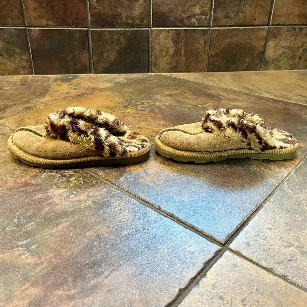 Girl’s Faux Suede Fur Animal Print Slippers Size Small 13-1